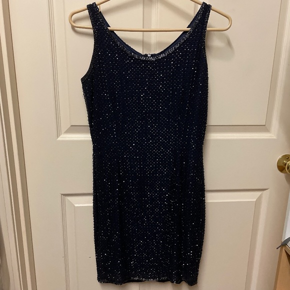 Silk beaded Mini Navy Blue Dress - Picture 1 of 2